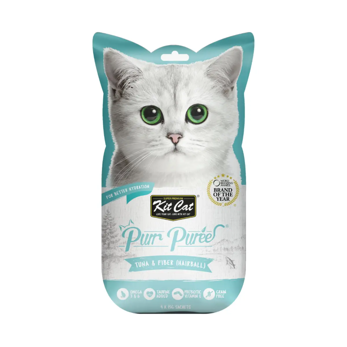 KIT CAT Purr Puree Hairball, Ton, plic, punguta recompense fara cereale pisici, limitarea ghemurilor de blana, (piure), 15g x 4buc