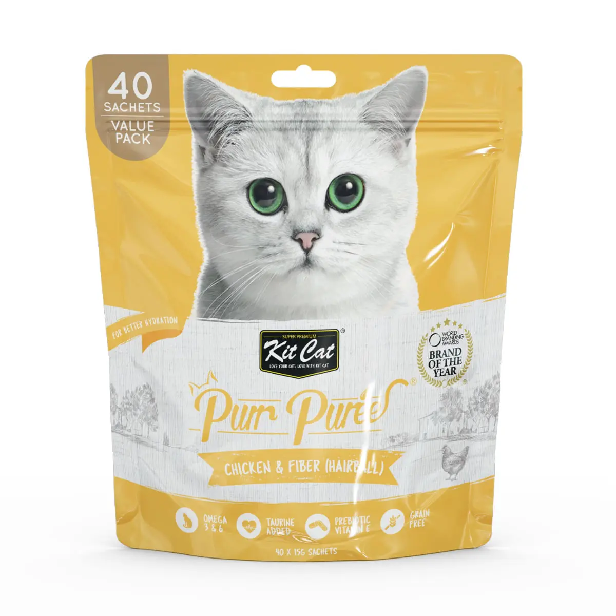 KIT CAT Purr Puree Hairball, Pui, plic, punguta recompense fara cereale pisici, limitarea ghemurilor de blana, (piure), multipack, 15g x 40buc