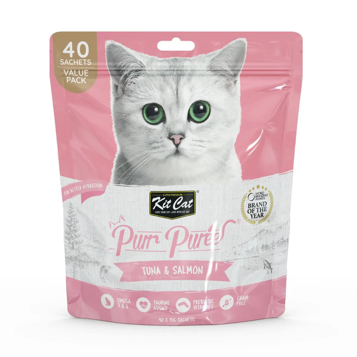 KIT CAT Purr Puree, Ton si Somon, plic, punguta recompense fara cereale pisici, (piure), multipack, 15g x 40buc