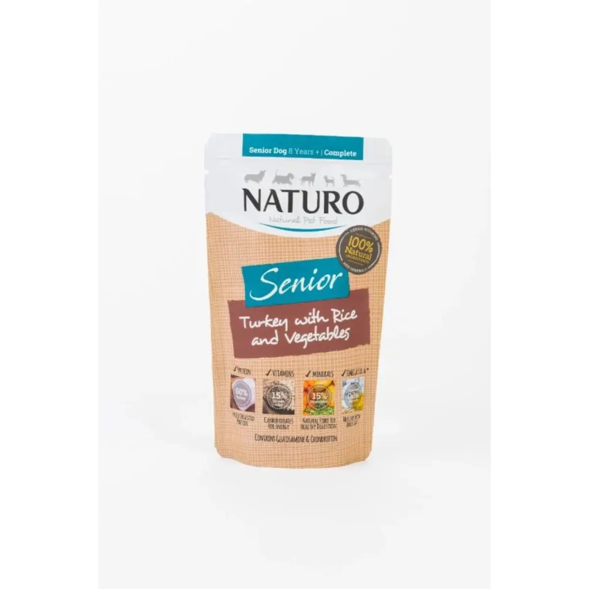 NATURO Senior, XS-XL, Curcan si Orez, plic hrana umeda caini senior, (in suc propriu), 150g