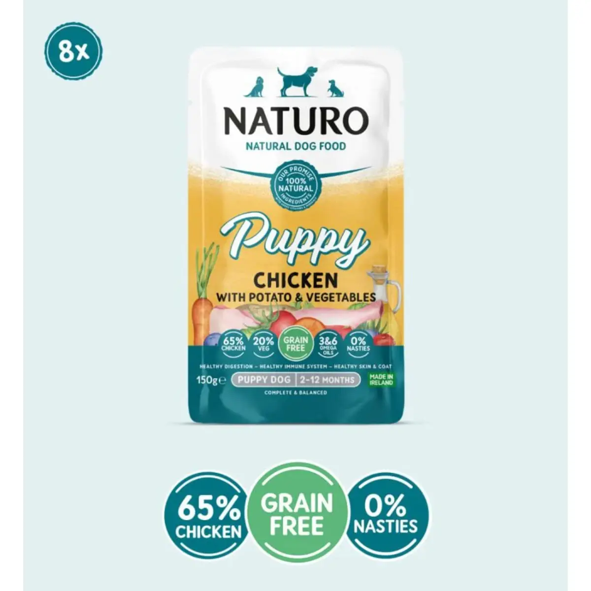 NATURO Puppy, XS-XL, Pui, plic hrana umeda fara cereale caini junior, (in suc propriu), 150g