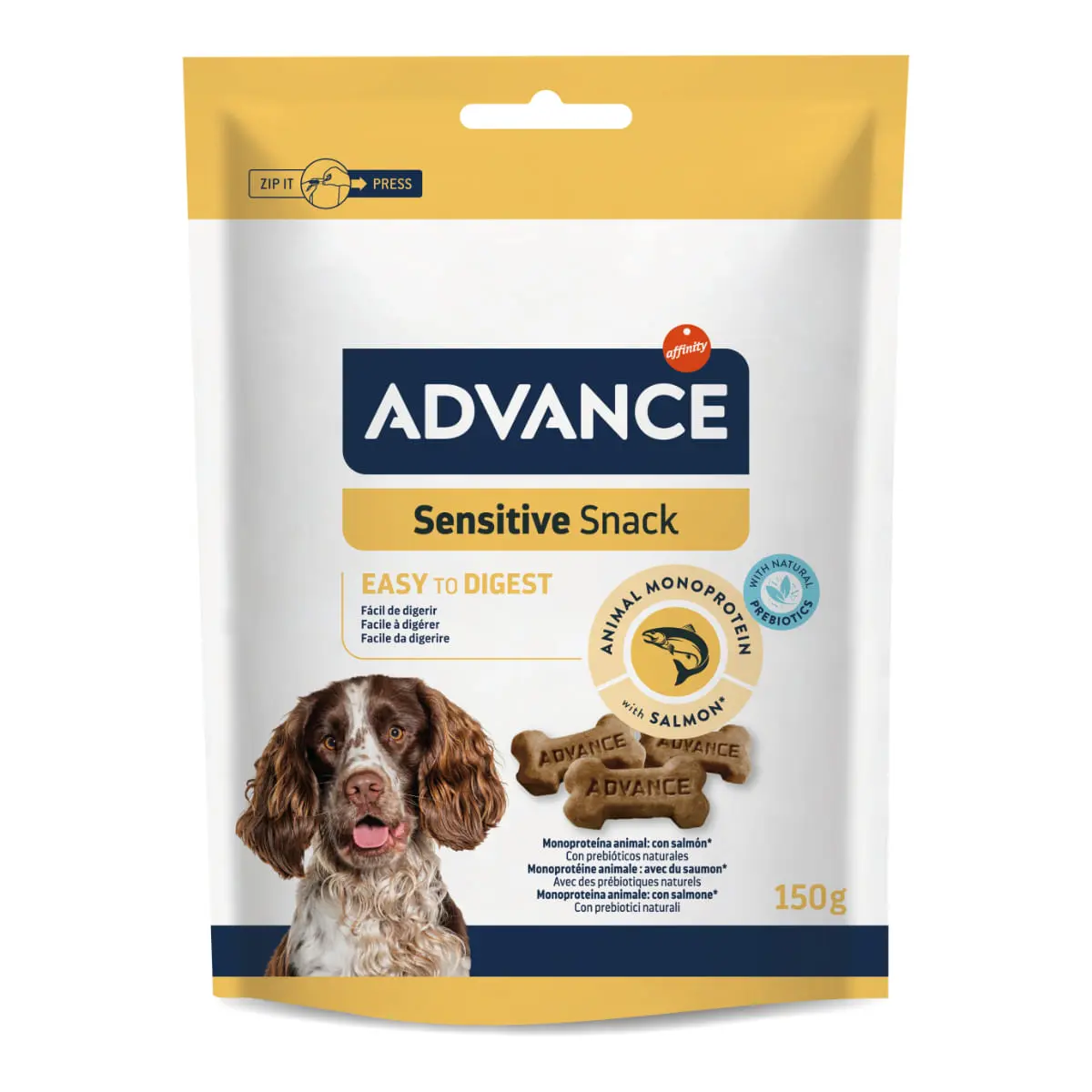 ADVANCE Sensitive Snack, XS-XL, Somon, hrana uscata caini, sistem digestiv, 150g