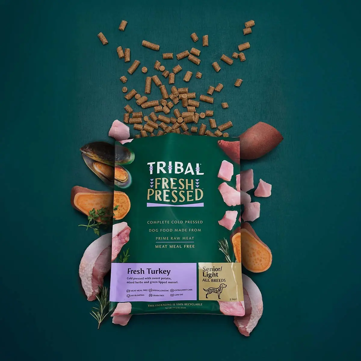 TRIBAL Fresh Pressed Senior & Light All Breeds, XS-XL, Curcan, hrana uscata fara cereale caini senior, obezitate, presata la rece, 12kg