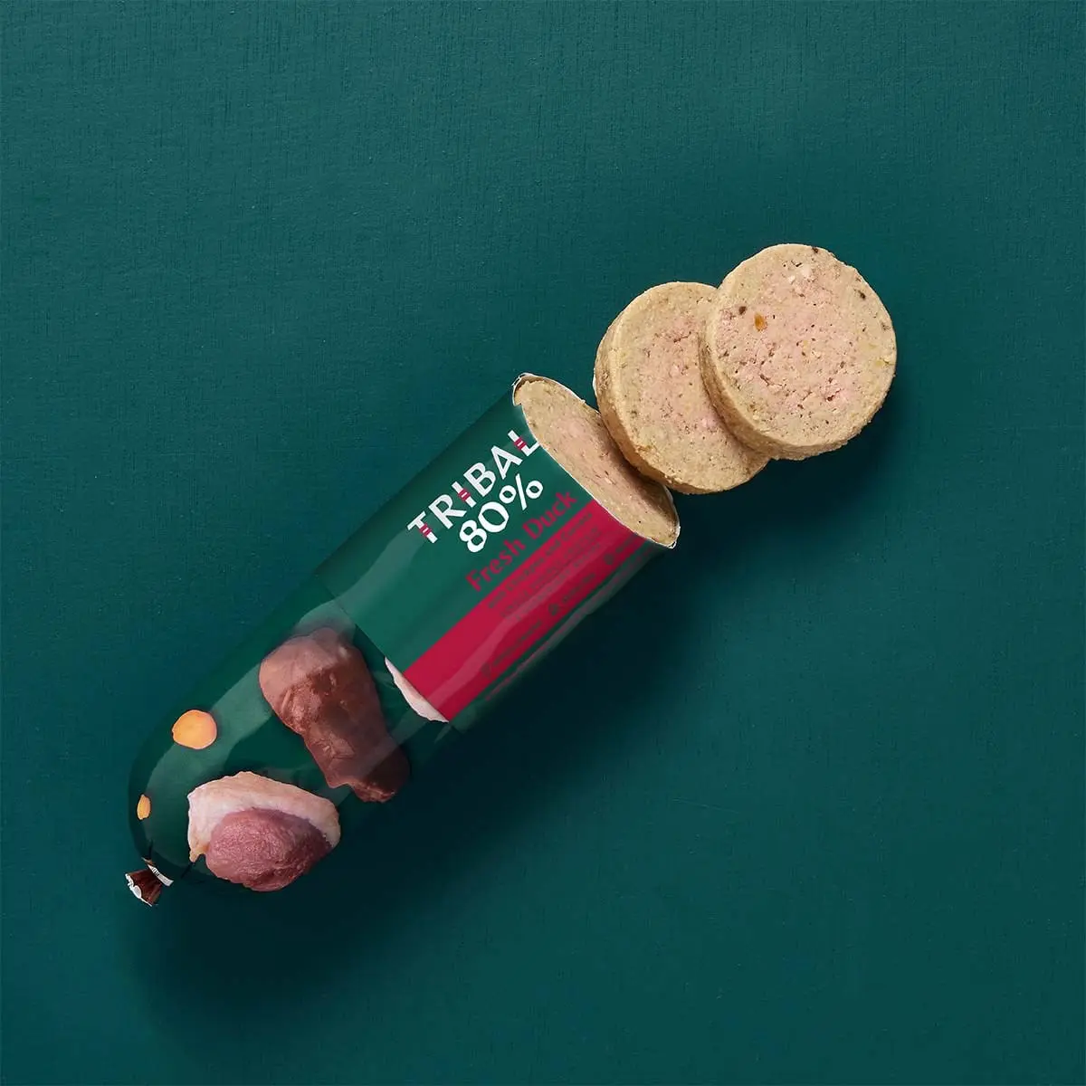 TRIBAL 80% Gourmet Sausage, XS-XL, Rata, salam hrana umeda monoproteica fara cereale caini junior & adult, (pate), 750g - Image 2