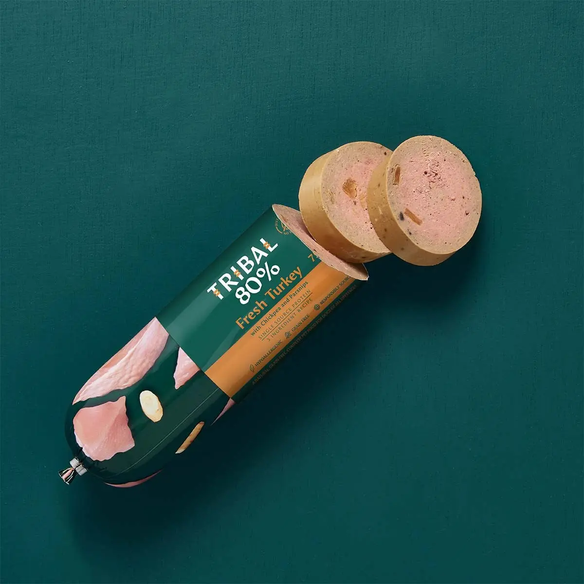 TRIBAL 80% Gourmet Sausage, XS-XL, Curcan, salam hrana umeda monoproteica fara cereale caini junior & adult, (pate), 300g