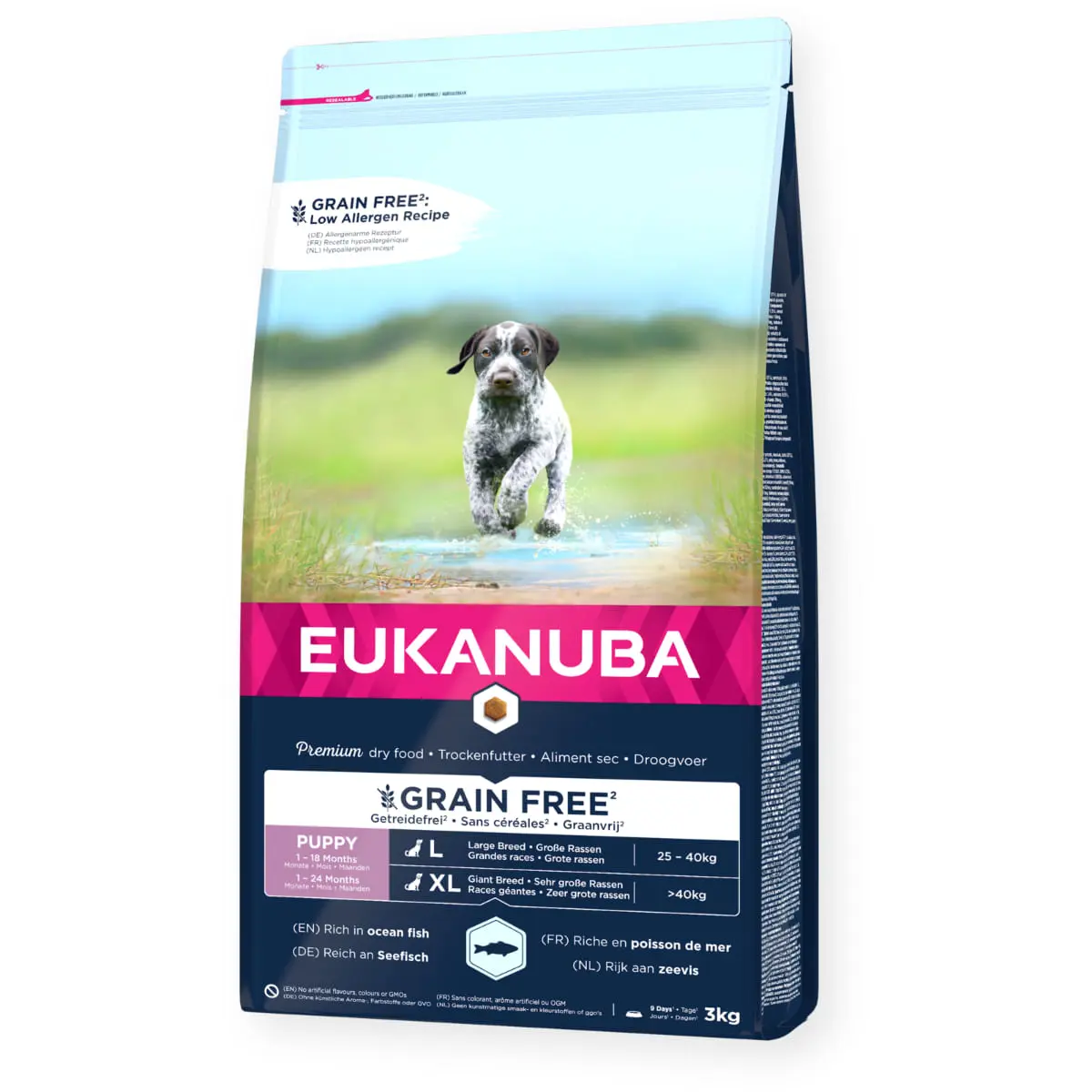 EUKANUBA Grain Free Puppy Large Breed, L-XL, Peste, hrana uscata fara cereale caini junior, 12kg