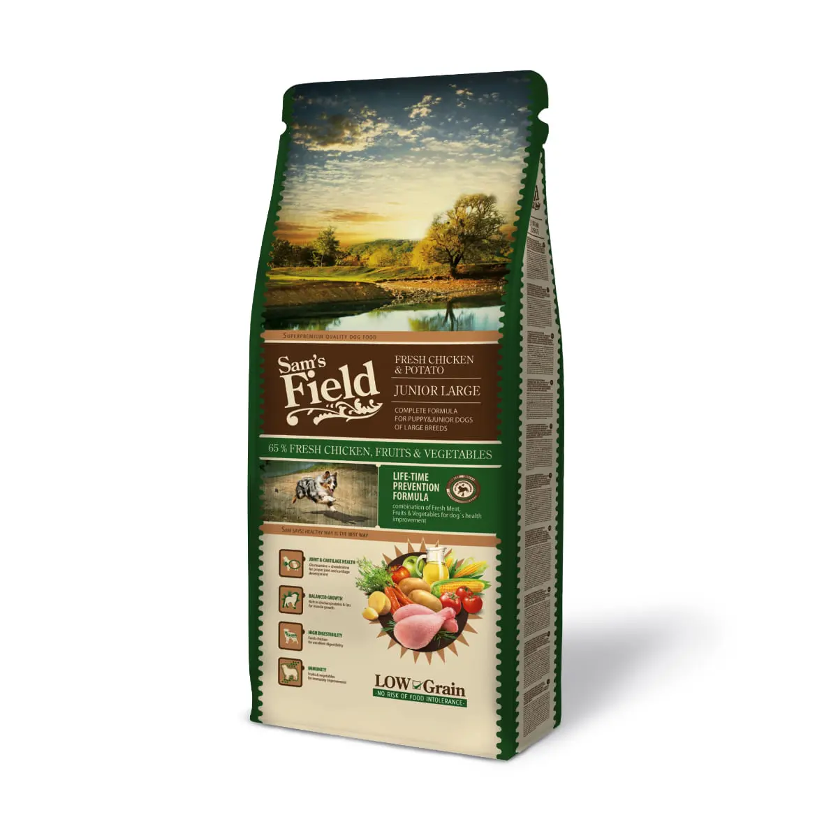 SAM'S FIELD Fresh Junior Large Breed, L-XL, Pui si Cartofi, hrana uscata continut redus cereale caini junior, 13kg