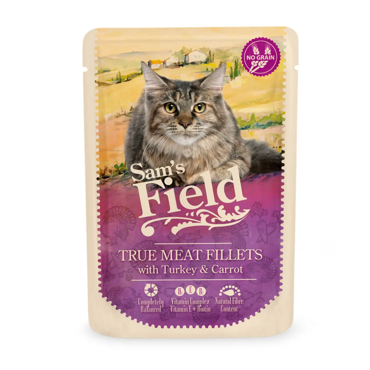 SAM'S FIELD True Meat Fillets, Curcan si Morcov, plic hrana umeda fara cereale pisici, (in sos), 85g