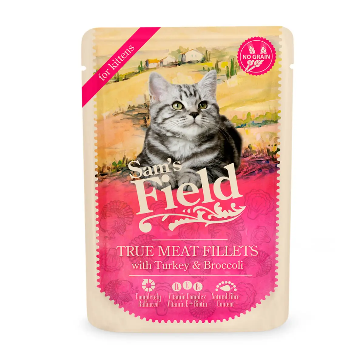 SAM'S FIELD True Meat Fillets Kitten, Curcan si Broccoli, plic hrana umeda fara cereale pisici junior, (in sos), 85g