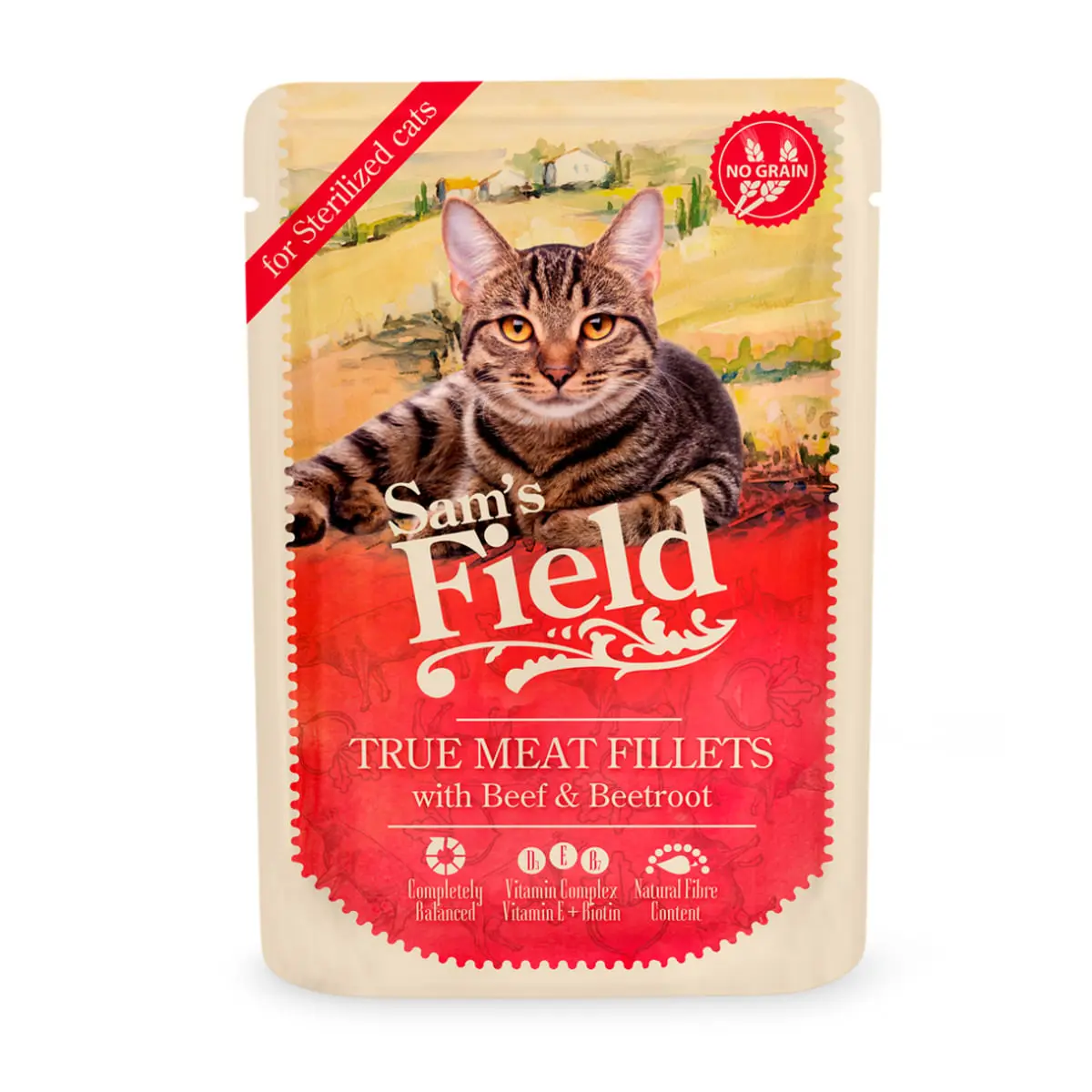 SAM'S FIELD True Meat Fillets Sterilised, Vita, plic hrana umeda fara cereale pisici sterilizate, (in sos), 85g
