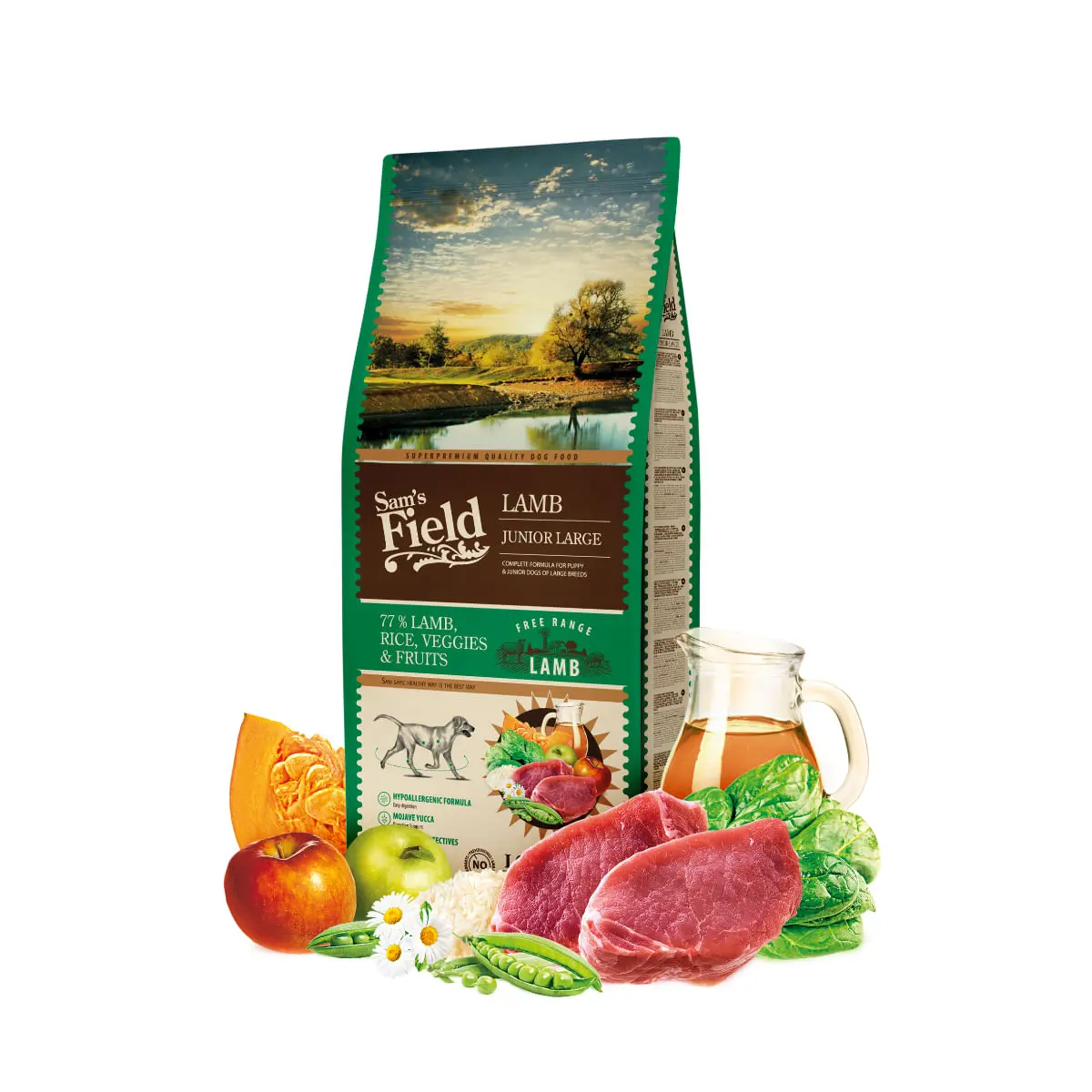 SAM'S FIELD Junior Large Breed, L-XL, Miel, hrana uscata continut redus cereale caini junior, 13kg
