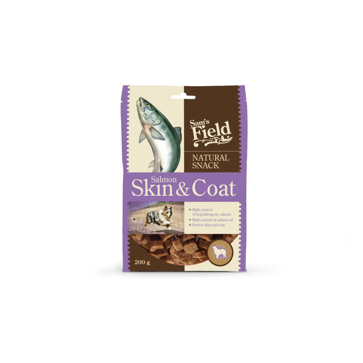 SAM'S FIELD Natural Snack Skin & Coat, XS-XL, Somon, punguta recompense caini, piele & blana, 200g - Image 2