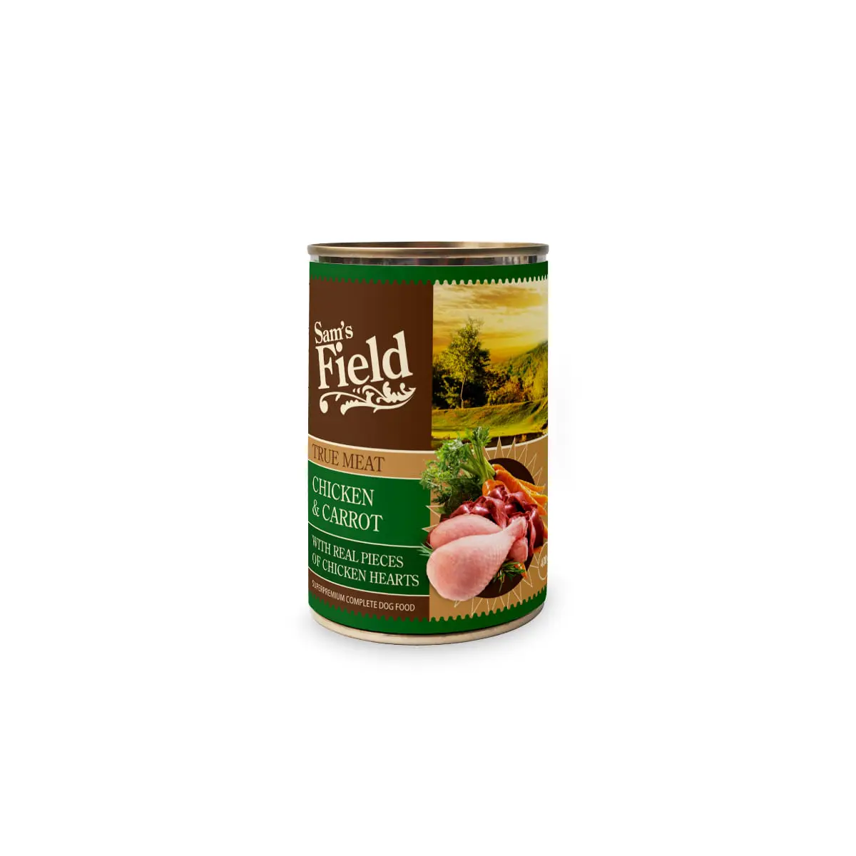 SAM'S FIELD True Meat, XS-XL, Pui si Morcov, conserva hrana umeda fara cereale caini, (in aspic), 400g