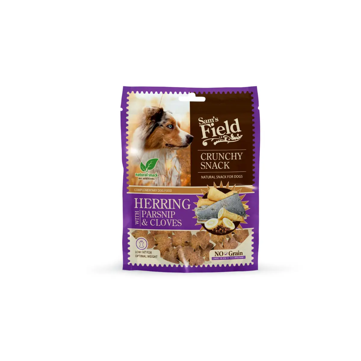 SAM'S FIELD Crunchy Snack, XS-XL, Hering, punguta recompense fara cereale caini, 200g