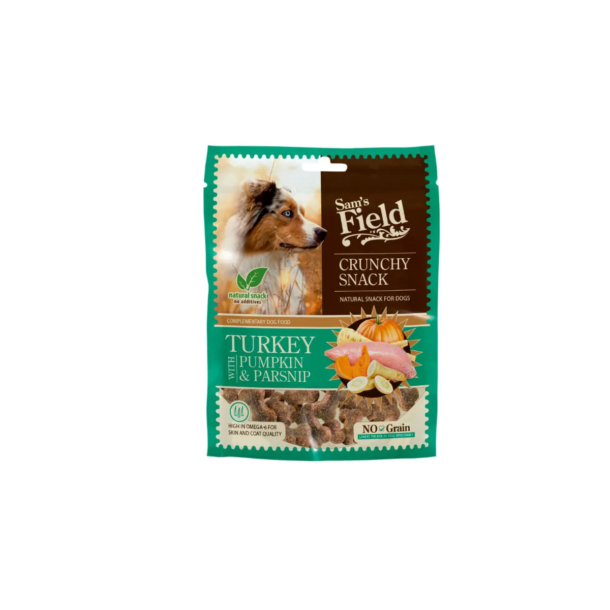 SAM'S FIELD Crunchy Snack, XS-XL, Curcan si dovleac, punguta recompense fara cereale caini, 200g