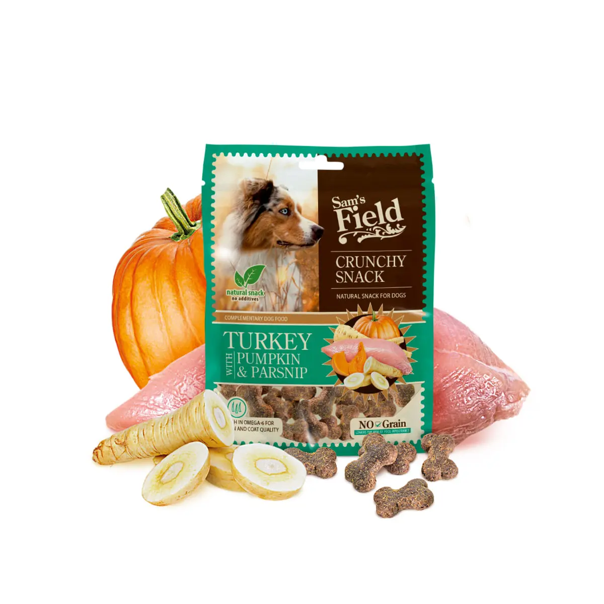 SAM'S FIELD Crunchy Snack, XS-XL, Curcan si dovleac, punguta recompense fara cereale caini, 200g - Image 3