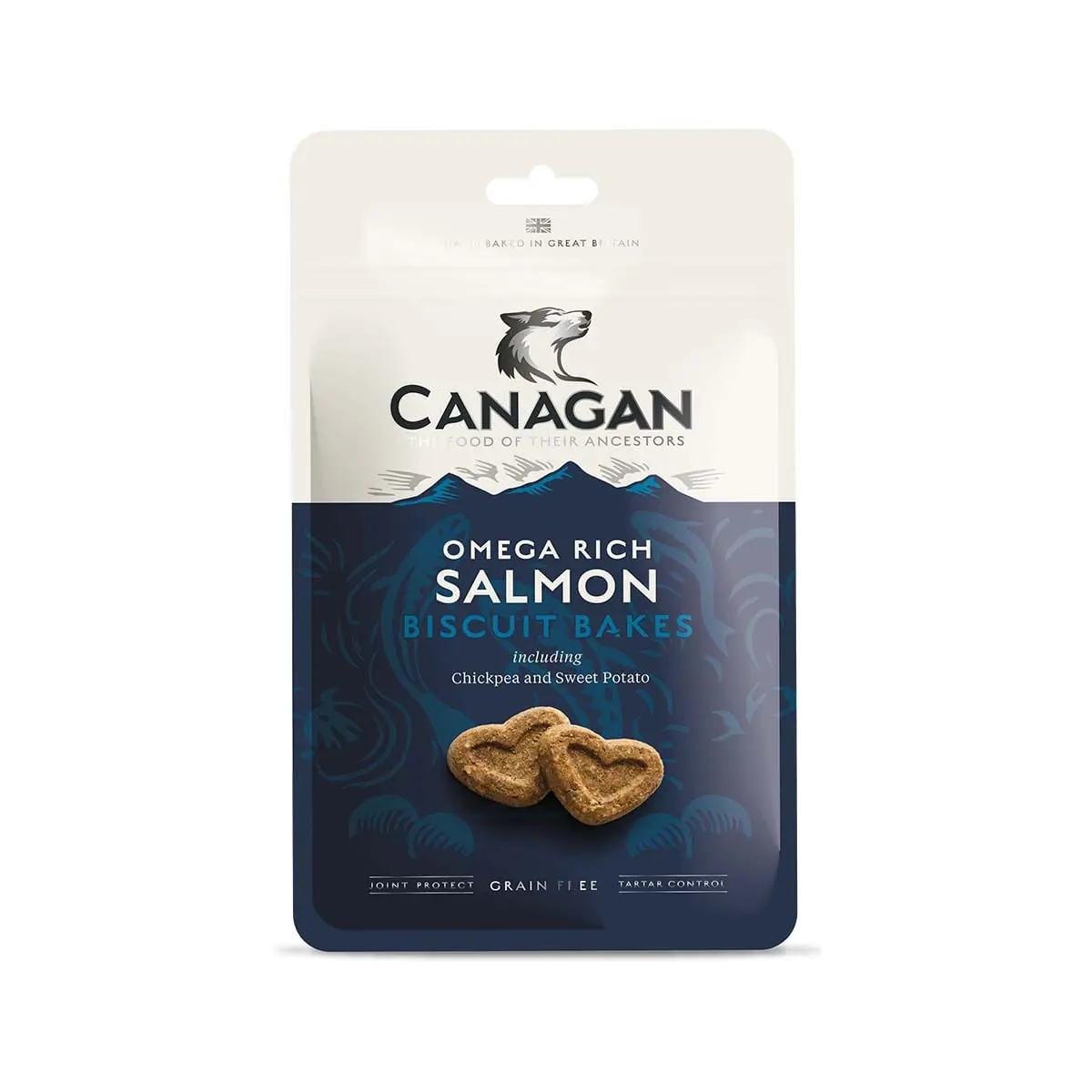 CANAGAN Omega Rich Salmon Biscuit Bakes, XS-XL, Somon, punguta recompense fara cereale caini junior & adult, 150g