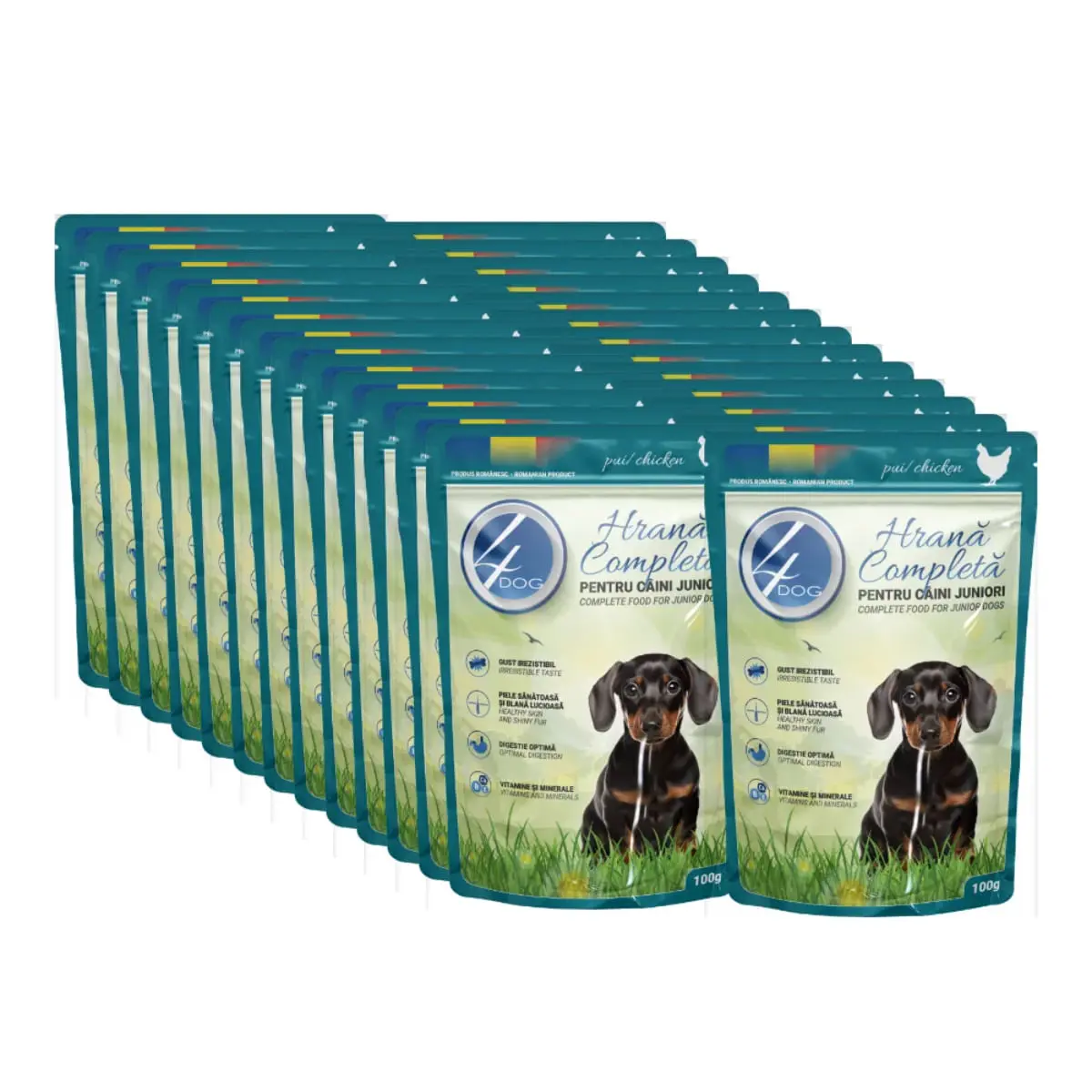 4DOG Junior, XS-XL, Pui, plic hrana umeda caini junior, (in sos), bax, 100g x 24buc
