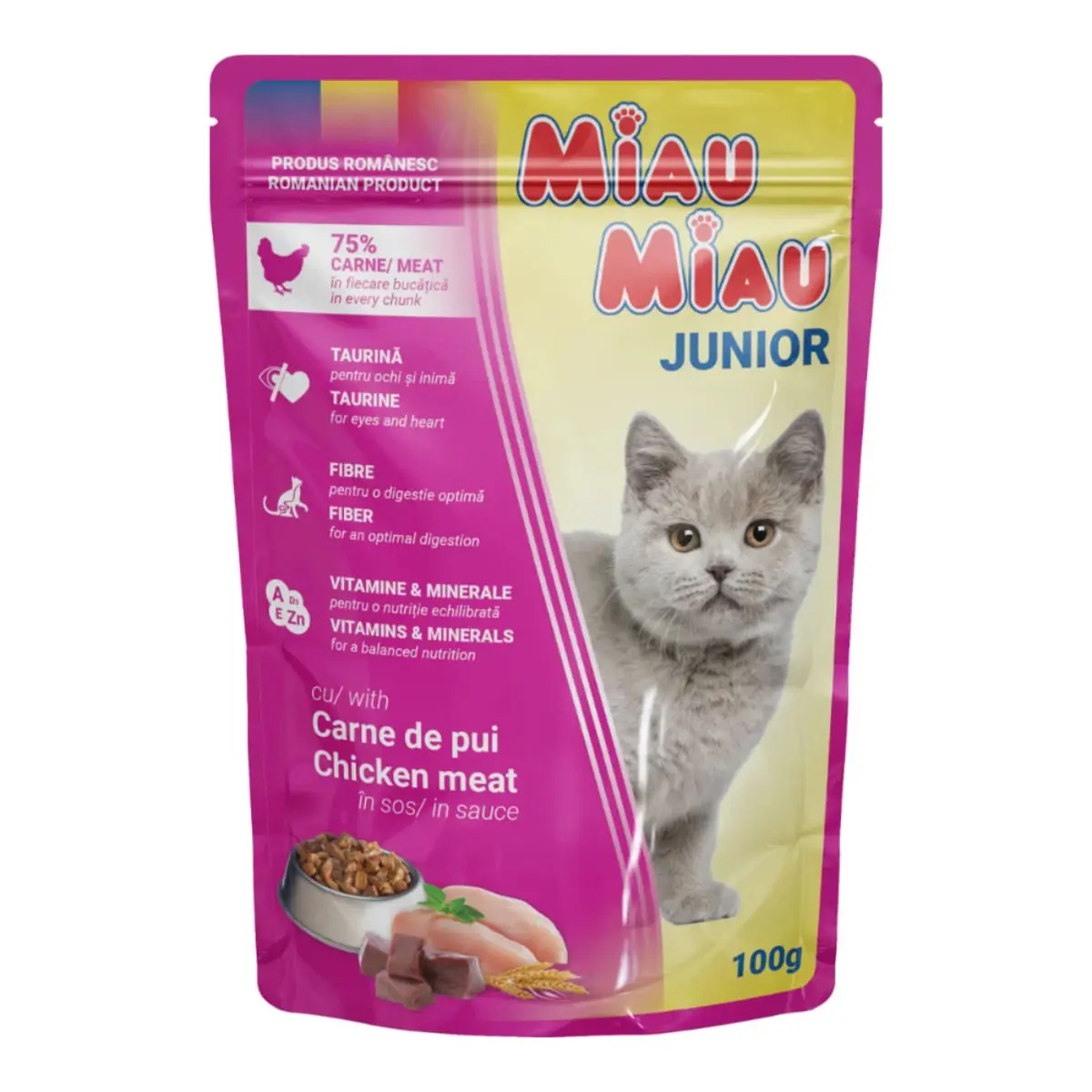 MIAU MIAU Kitten, Pui, plic hrana umeda pisici junior, (in sos), 100g - Image 2