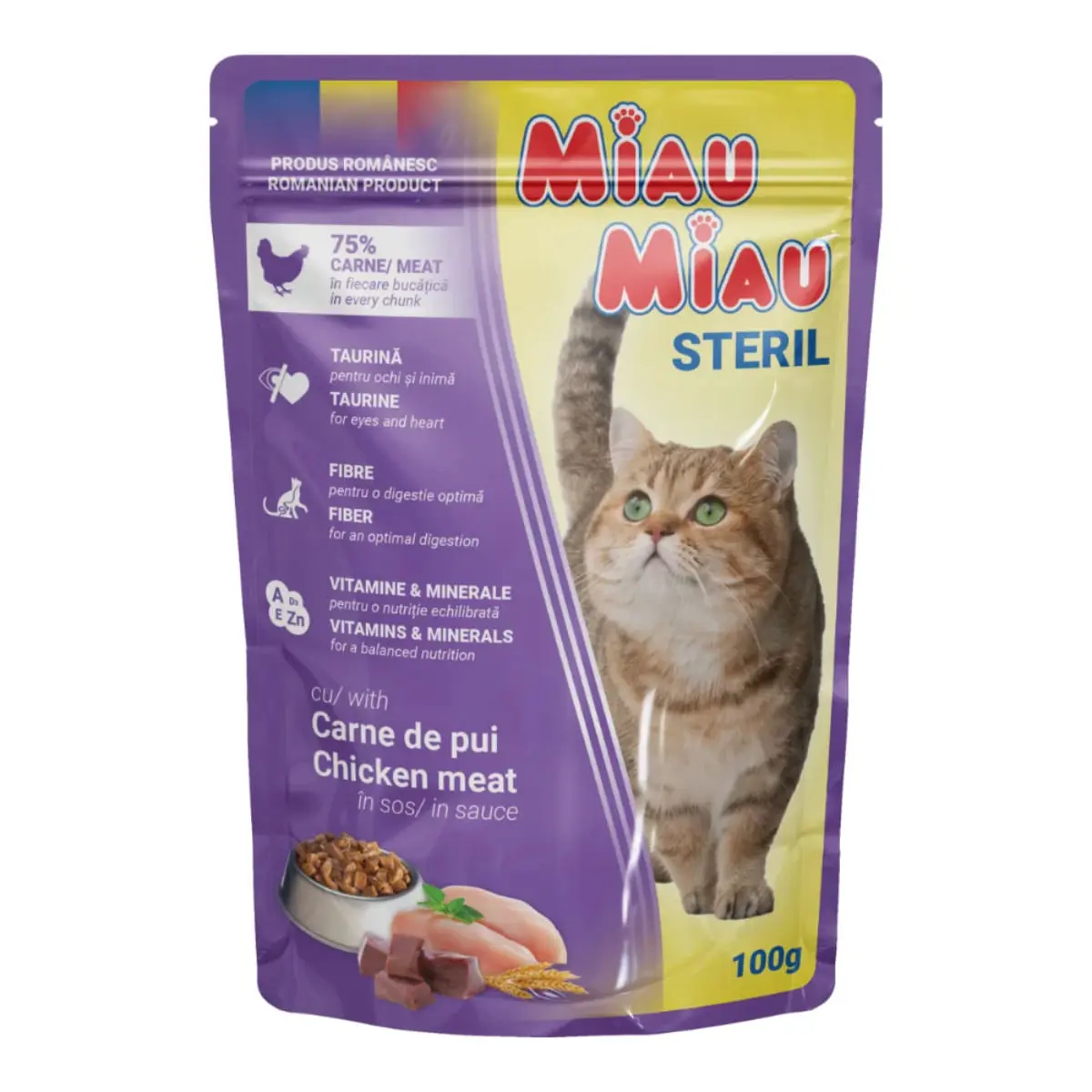 MIAU MIAU Sterilised, Pui, plic hrana umeda pisici sterilizate, (in sos), 100g - Image 2