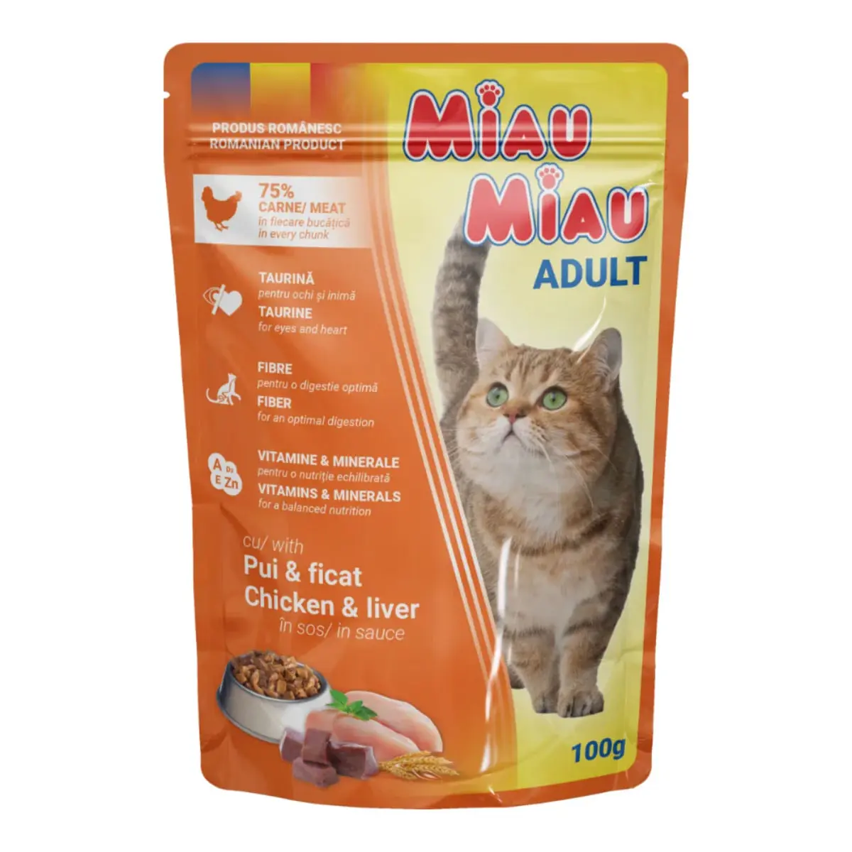 MIAU MIAU, Pui si Ficat, plic hrana umeda pisici, (in sos), 100g