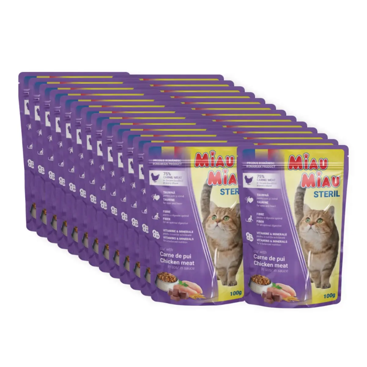 MIAU MIAU Sterilised, Pui, plic hrana umeda pisici sterilizate, (in sos), bax, 100g x 24buc