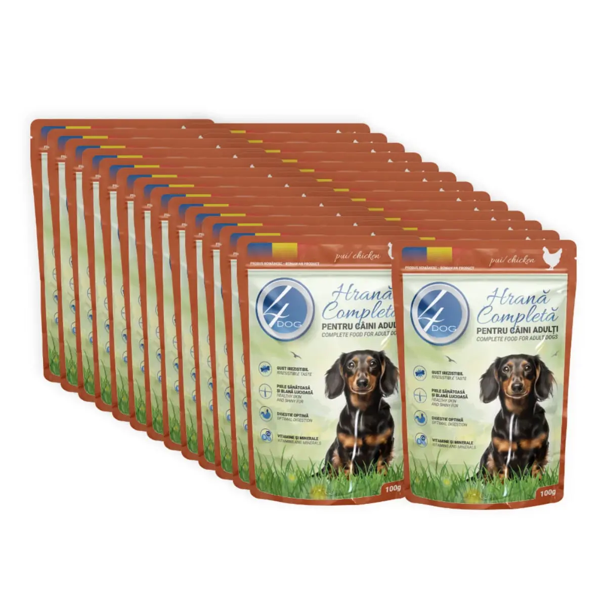 4DOG, XS-XL, Pui, plic hrana umeda caini, (in sos), bax, 100g x 24buc