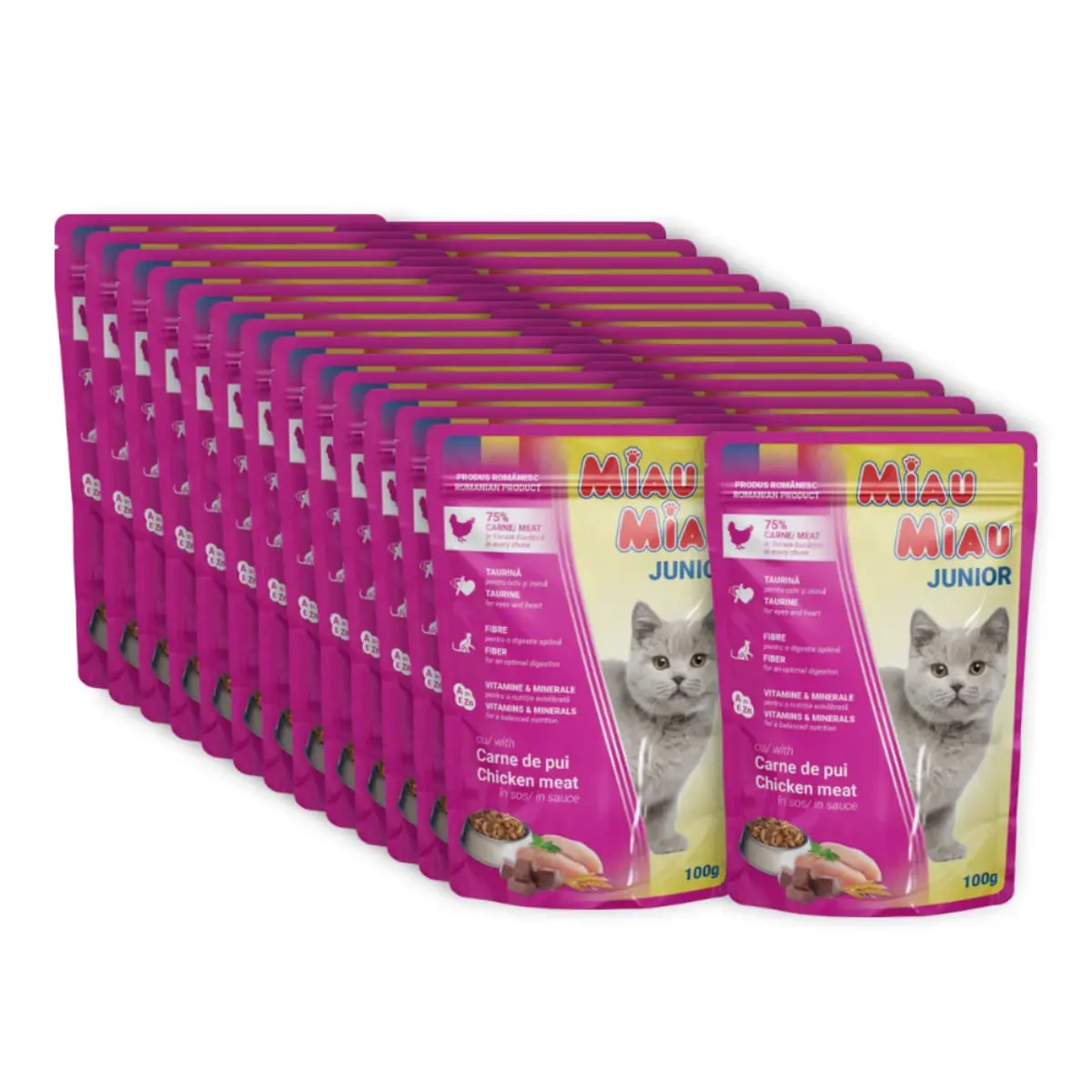 MIAU MIAU Kitten, Pui, plic hrana umeda pisici junior, (in sos), bax, 100g x 24buc