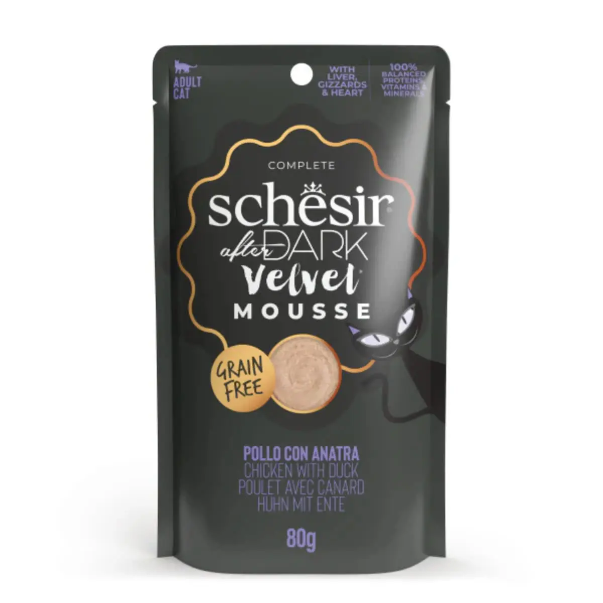 SCHESIR After Dark Velvet Mousse, Pui si Rata, plic hrana umeda fara cereale pisici, (mousse), 80g