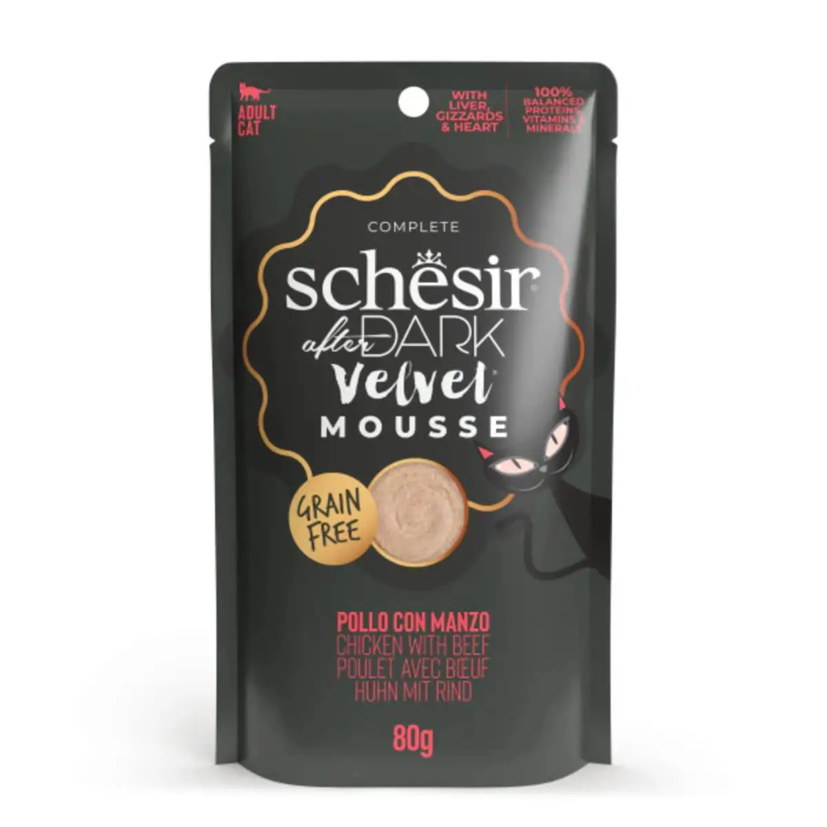 SCHESIR After Dark Velvet Mousse, Pui si Vita, plic hrana umeda fara cereale pisici, (mousse), 80g - Image 2