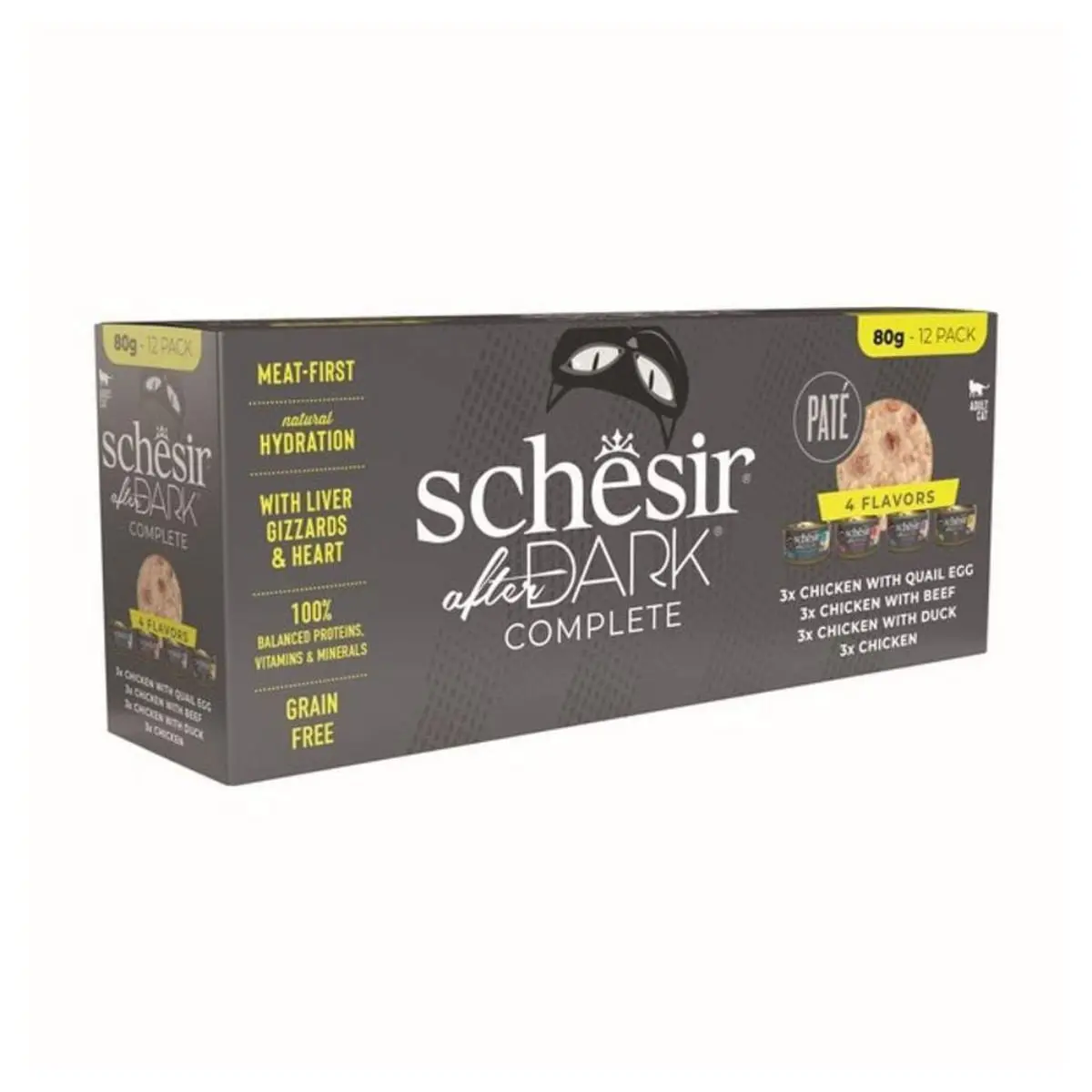 SCHESIR After Dark Complete 4 arome, Pui, conserva hrana umeda fara cereale pisici, (pate), multipack, 80g x 12buc