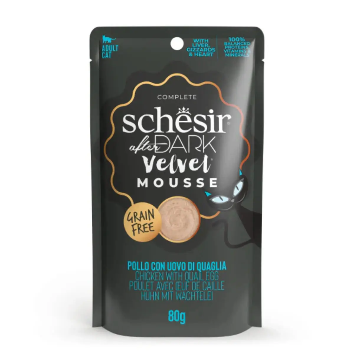 SCHESIR After Dark Velvet Mousse, Pui si Ou de Prepelita, plic hrana umeda fara cereale pisici, (mousse), 80g - Image 2