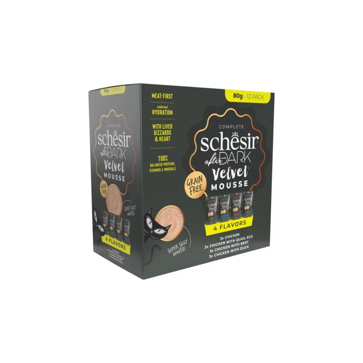 SCHESIR After Dark Velvet Mousse Variety Pack 4 arome, Pui, plic hrana umeda fara cereale pisici, (mousse), multipack, 80g x 12buc - Image 2