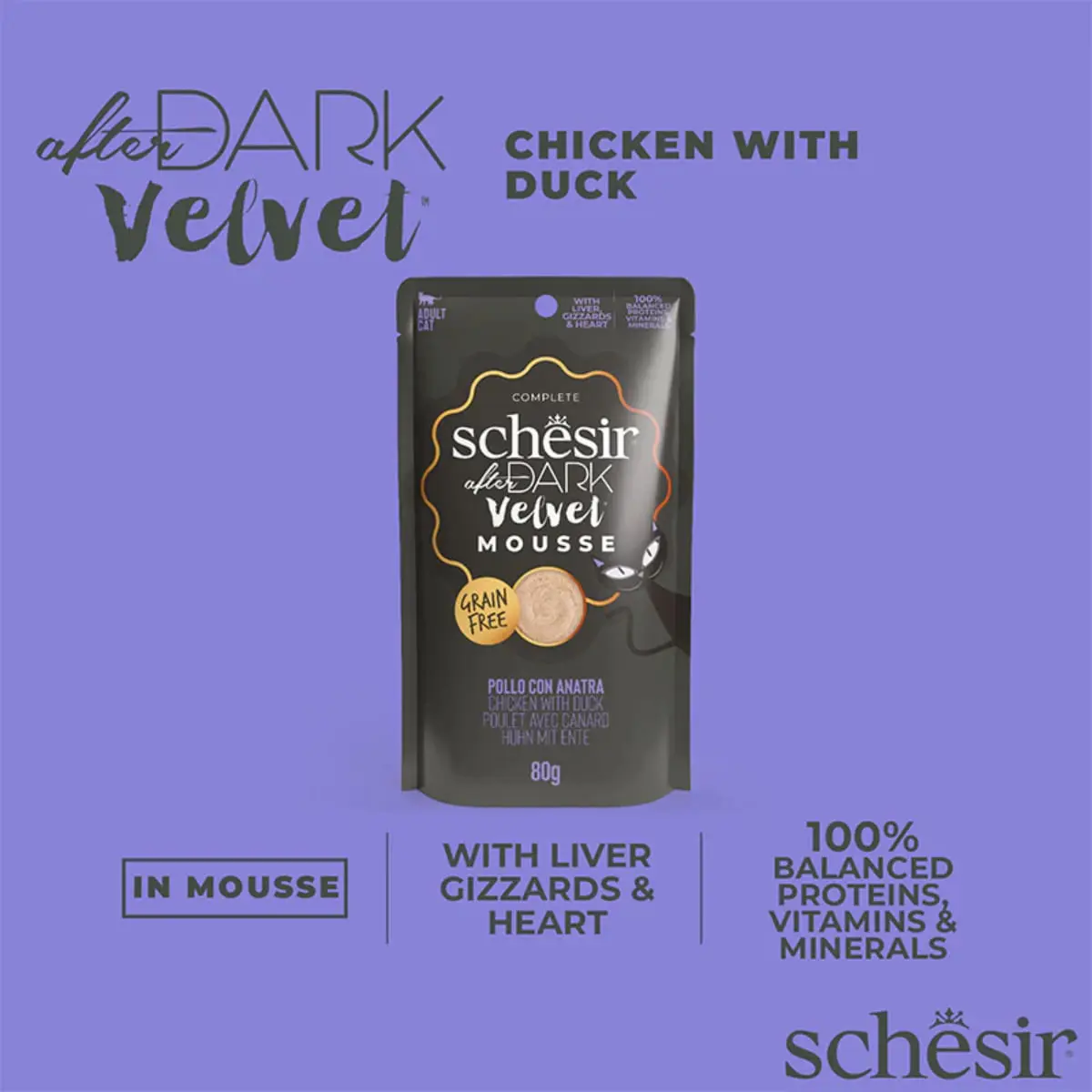 SCHESIR After Dark Velvet Mousse, Pui si Rata, plic hrana umeda fara cereale pisici, (mousse), 80g - Image 7