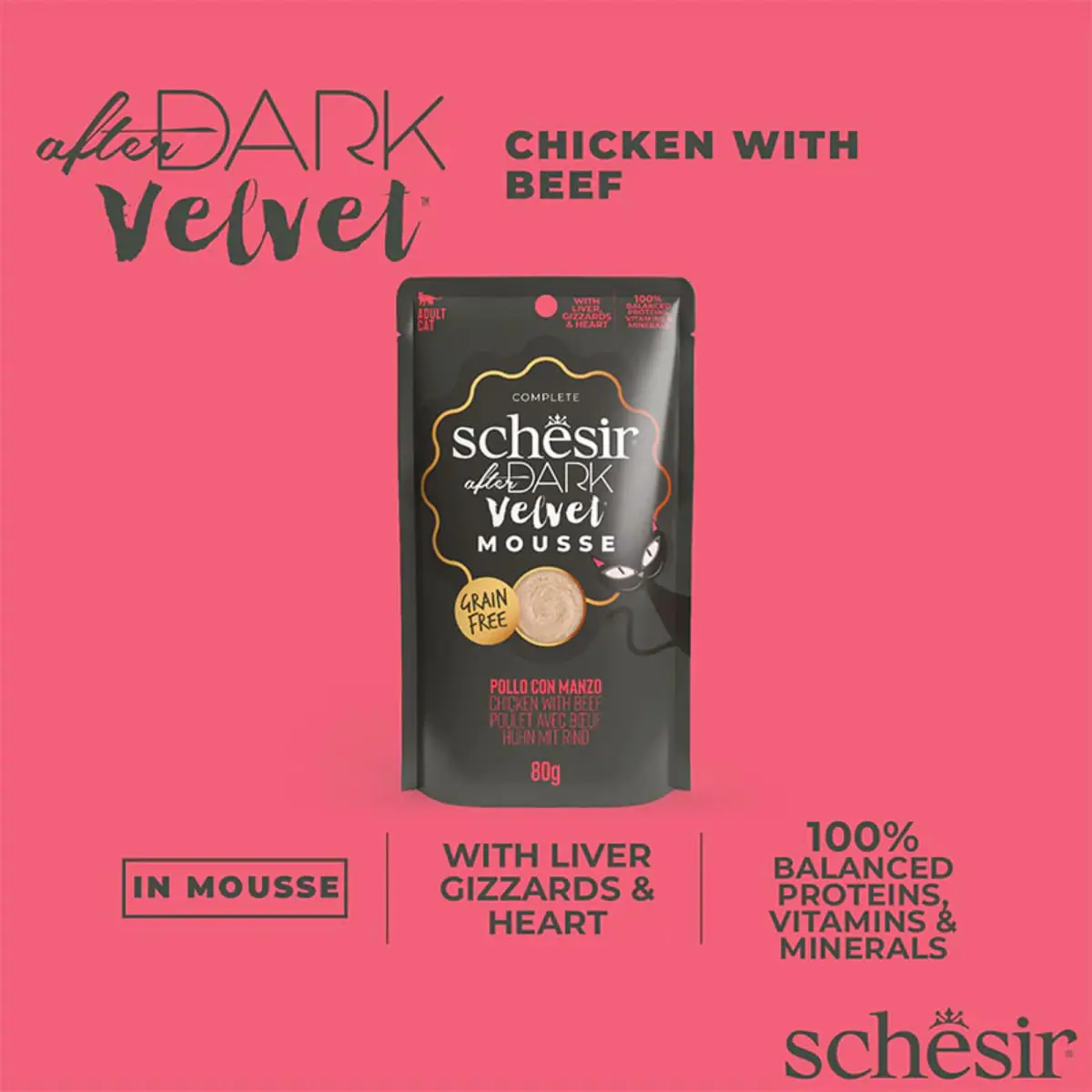 SCHESIR After Dark Velvet Mousse, Pui si Vita, plic hrana umeda fara cereale pisici, (mousse), 80g - Image 7