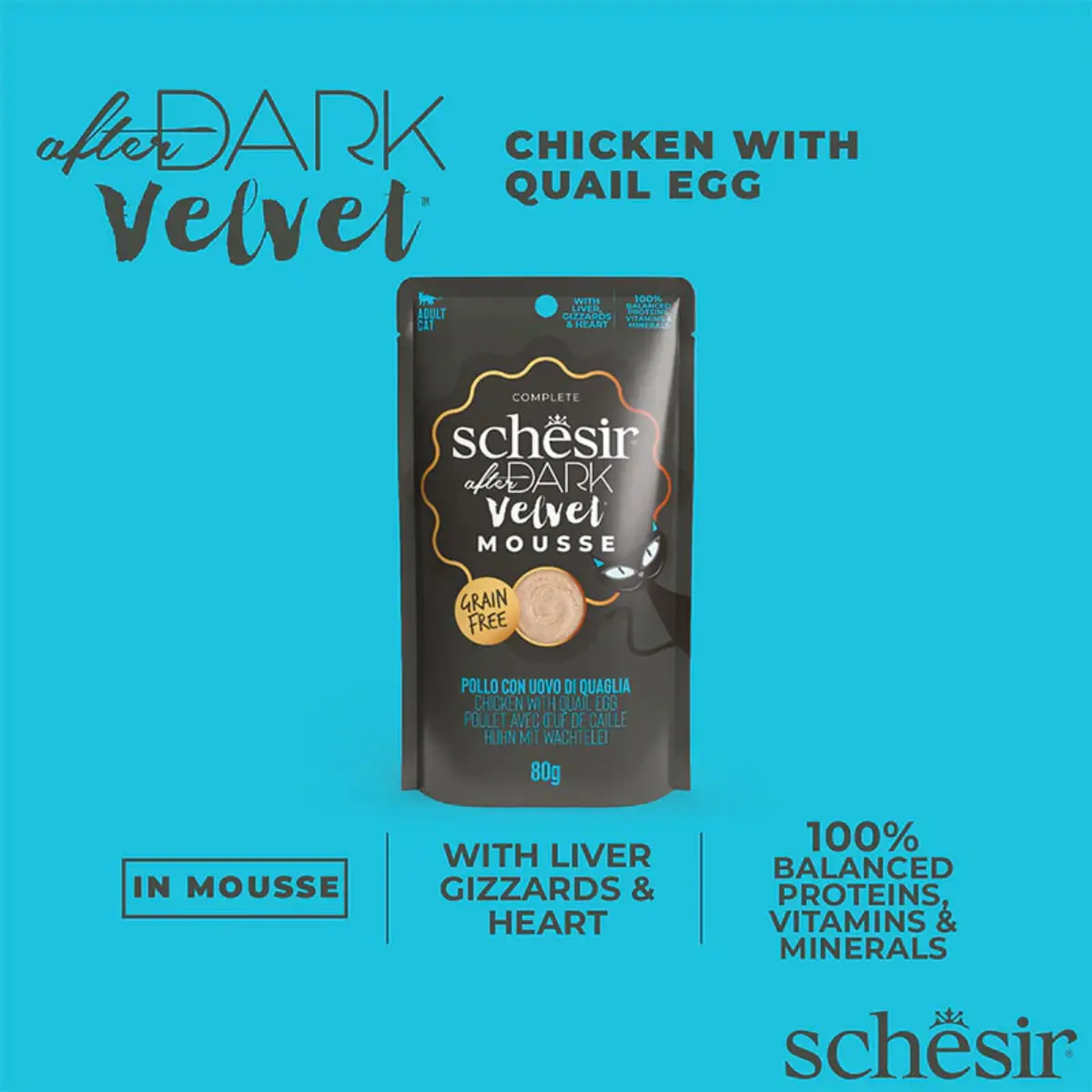 SCHESIR After Dark Velvet Mousse, Pui si Ou de Prepelita, plic hrana umeda fara cereale pisici, (mousse), 80g - Image 7