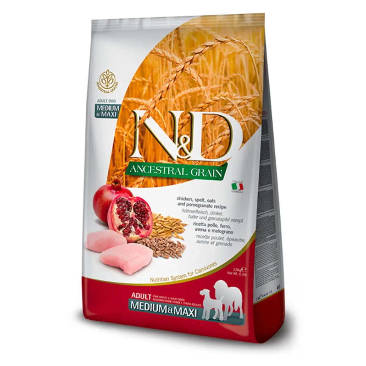 N&D Ancestral Grain Adult Medium & Maxi, M-XL, Pui si Rodie, hrana uscata caini, 2.5kg - Image 2