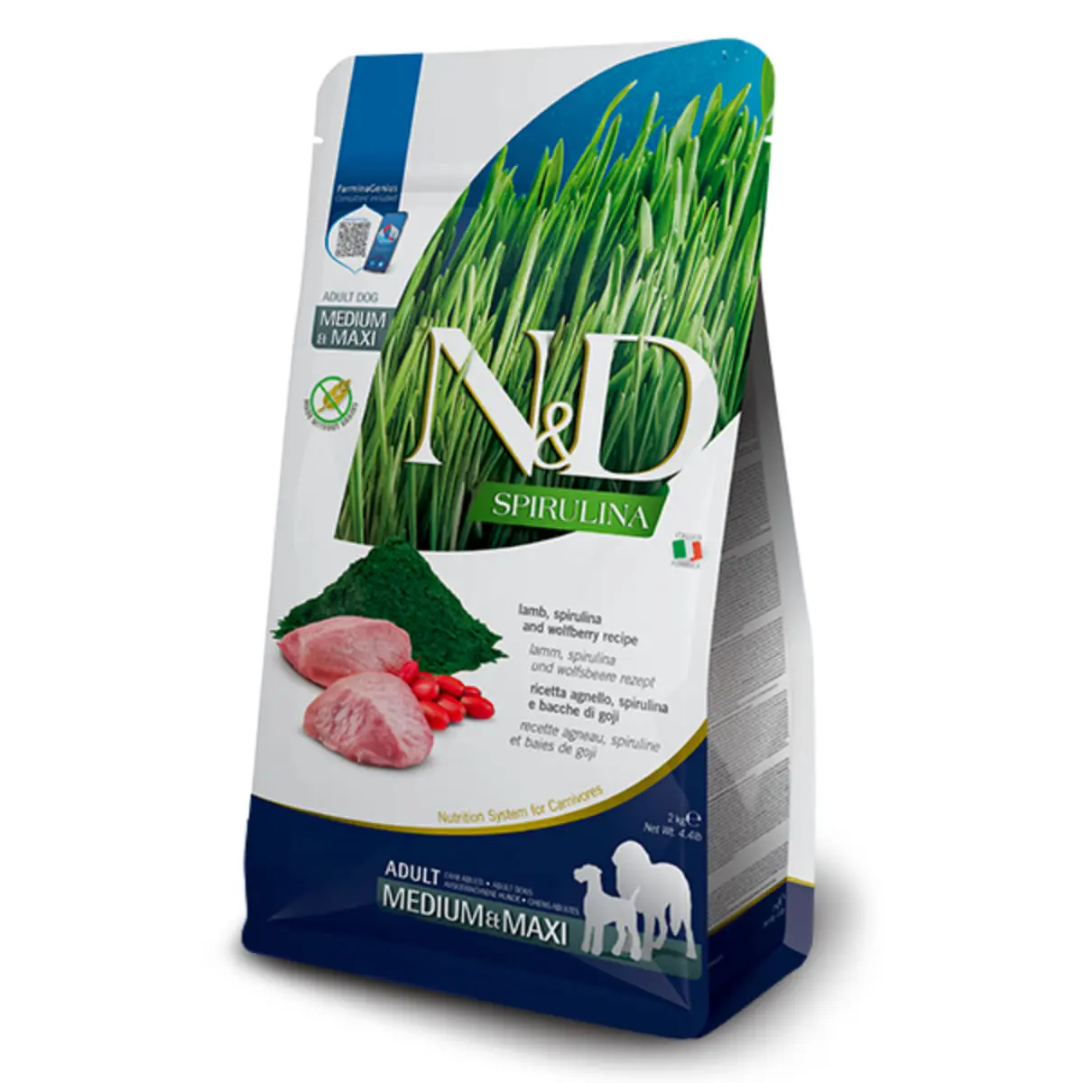 N&D Spirulina Adult Medium & Maxi, M-XL, Miel si Spirulina, hrana uscata fara cereale caini, 2kg