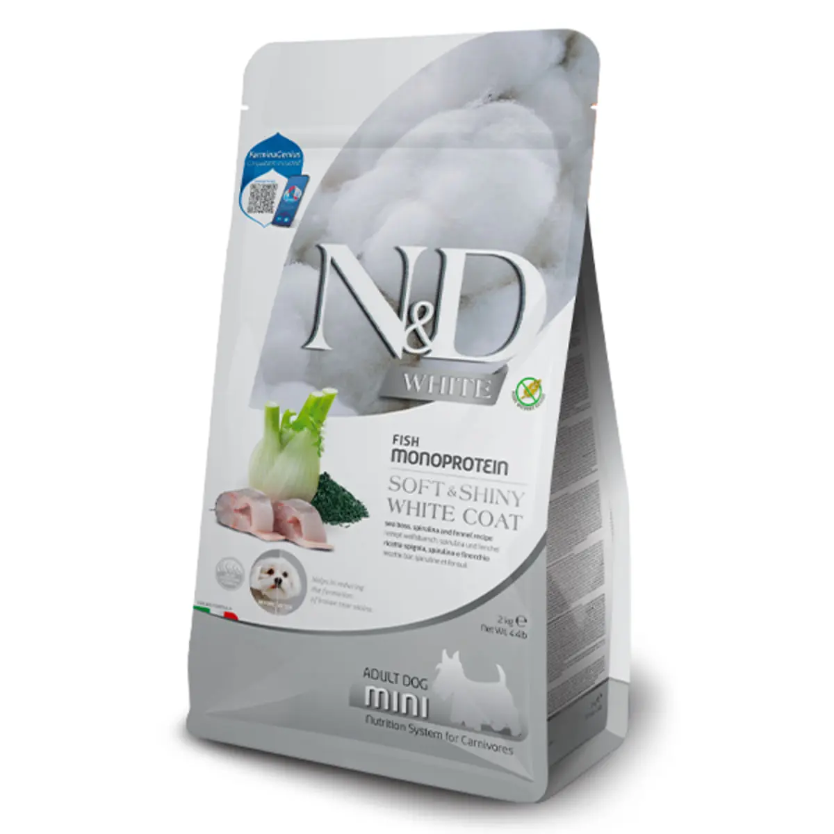 N&D White & Brown Adult Mini, XS-S, Biban si Spirulina, hrana uscata monoproteica fara cereale caini, piele & blana, 2kg