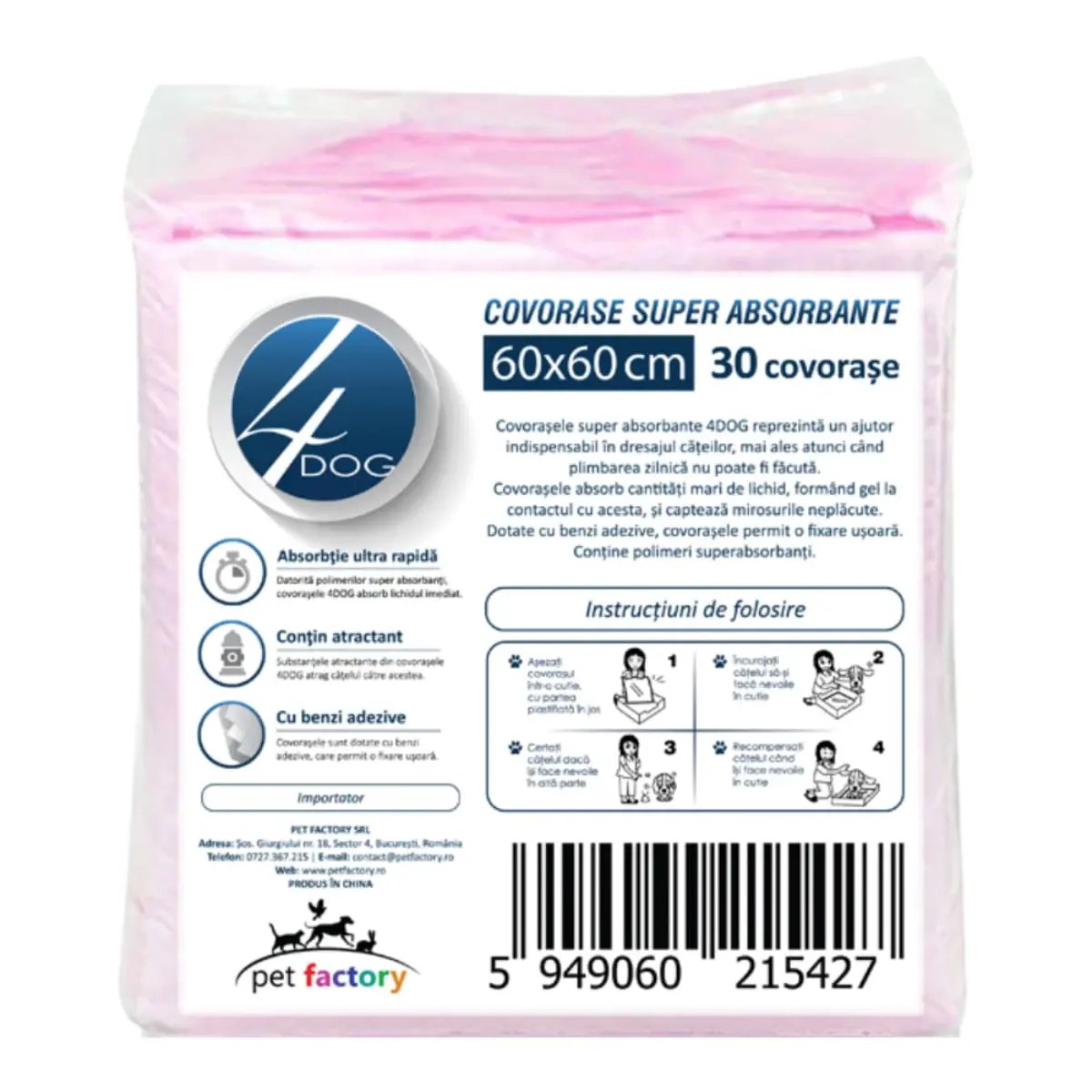 4DOG Maxi, covorase absorbante caini, poliester 4DOG Maxi, covorase absorbante caini, cu benzi adezive, poliester, pachet economic, 60x60cm, 30buc