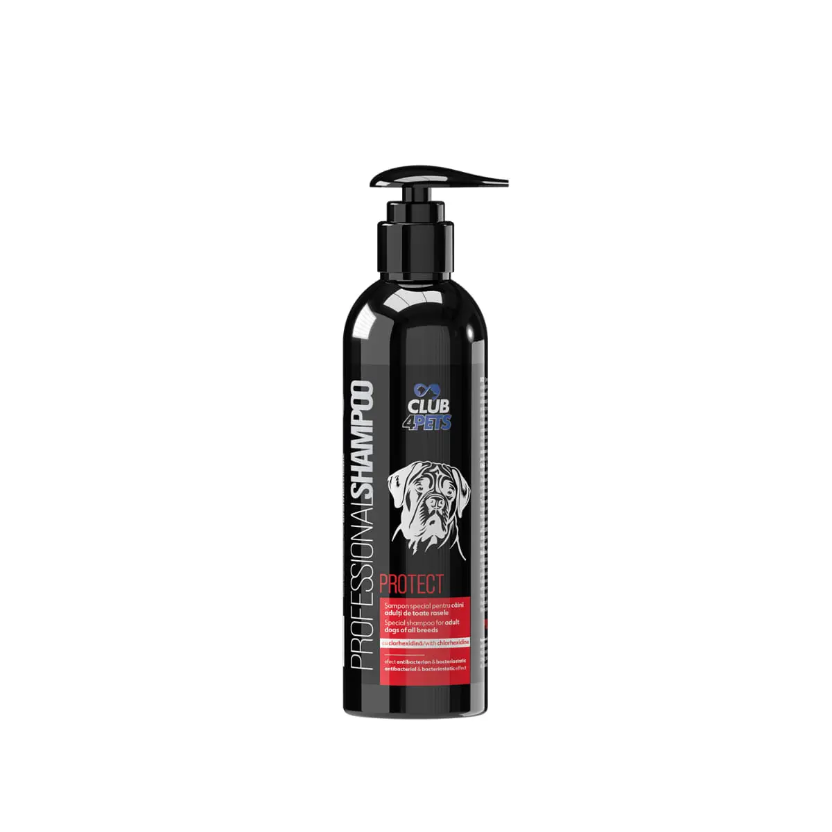 CLUB 4 PETS Profesional Protect, sampon caini, antibacterian, anti-mancarime, flacon cu aplicator, 250ml