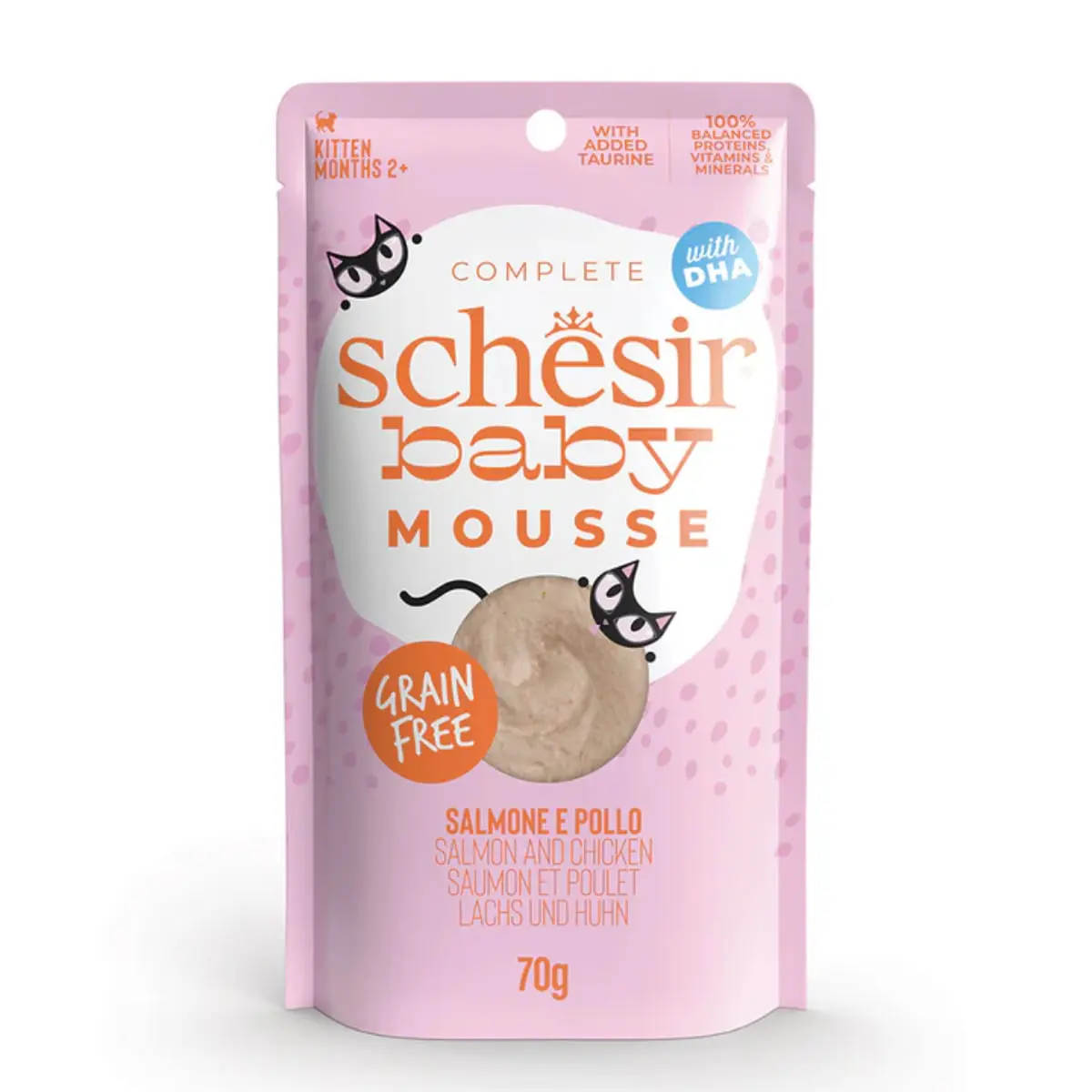 SCHESIR Baby Mousse, Somon si Pui, plic hrana umeda fara cereale pisici junior, (mousse), 70g - Image 2