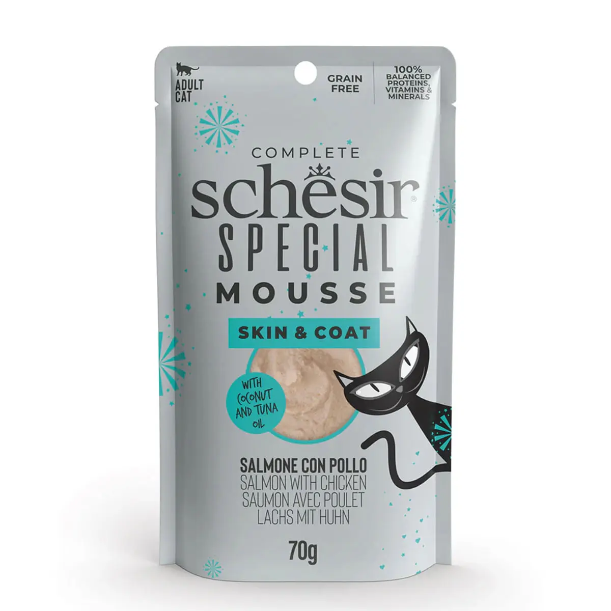 SCHESIR Special Skin & Coat, Somon si Pui, plic hrana umeda fara cereale pisici, piele & blana, (mousse), 70g - Image 2