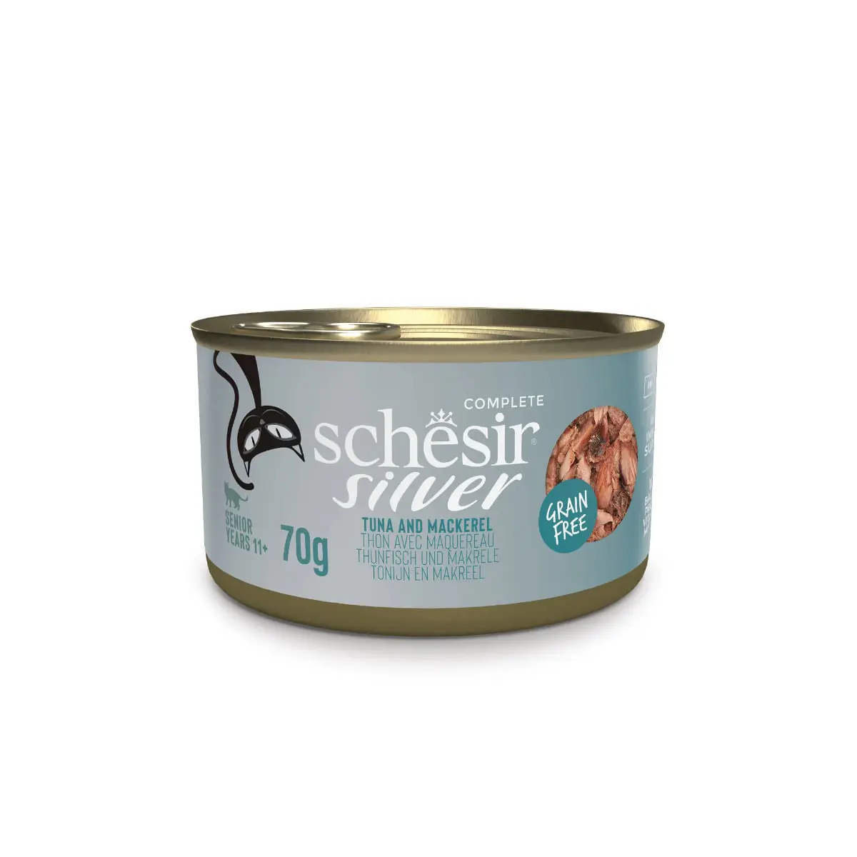 SCHESIR Silver, Ton si Macrou, conserva hrana umeda fara cereale pisici senior, (in supa), 70g