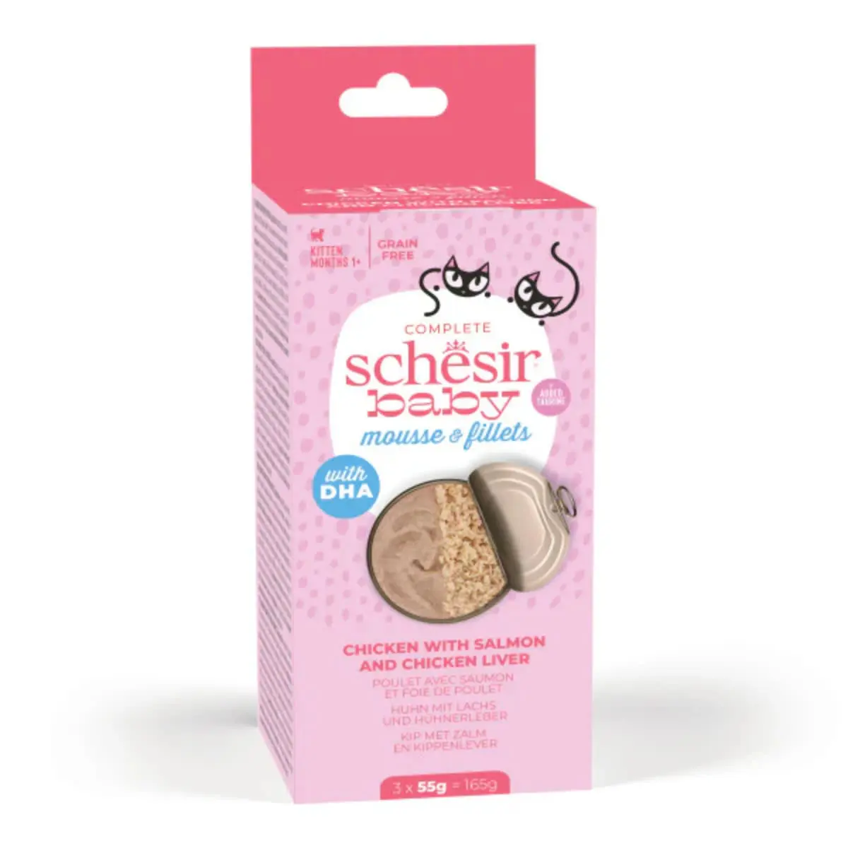 SCHESIR Baby Mousse & Fillets, Pui si Somon, conserva hrana umeda fara cereale pisici junior, (mousse), multipack, 55g x 3buc - Image 2
