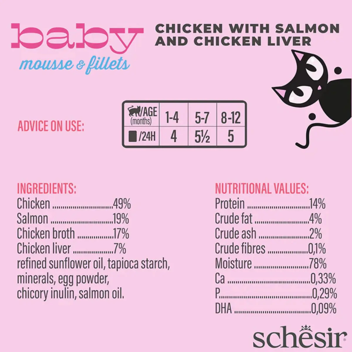 SCHESIR Baby Mousse & Fillets, Pui si Somon, conserva hrana umeda fara cereale pisici junior, (mousse), multipack, 55g x 3buc - Image 5