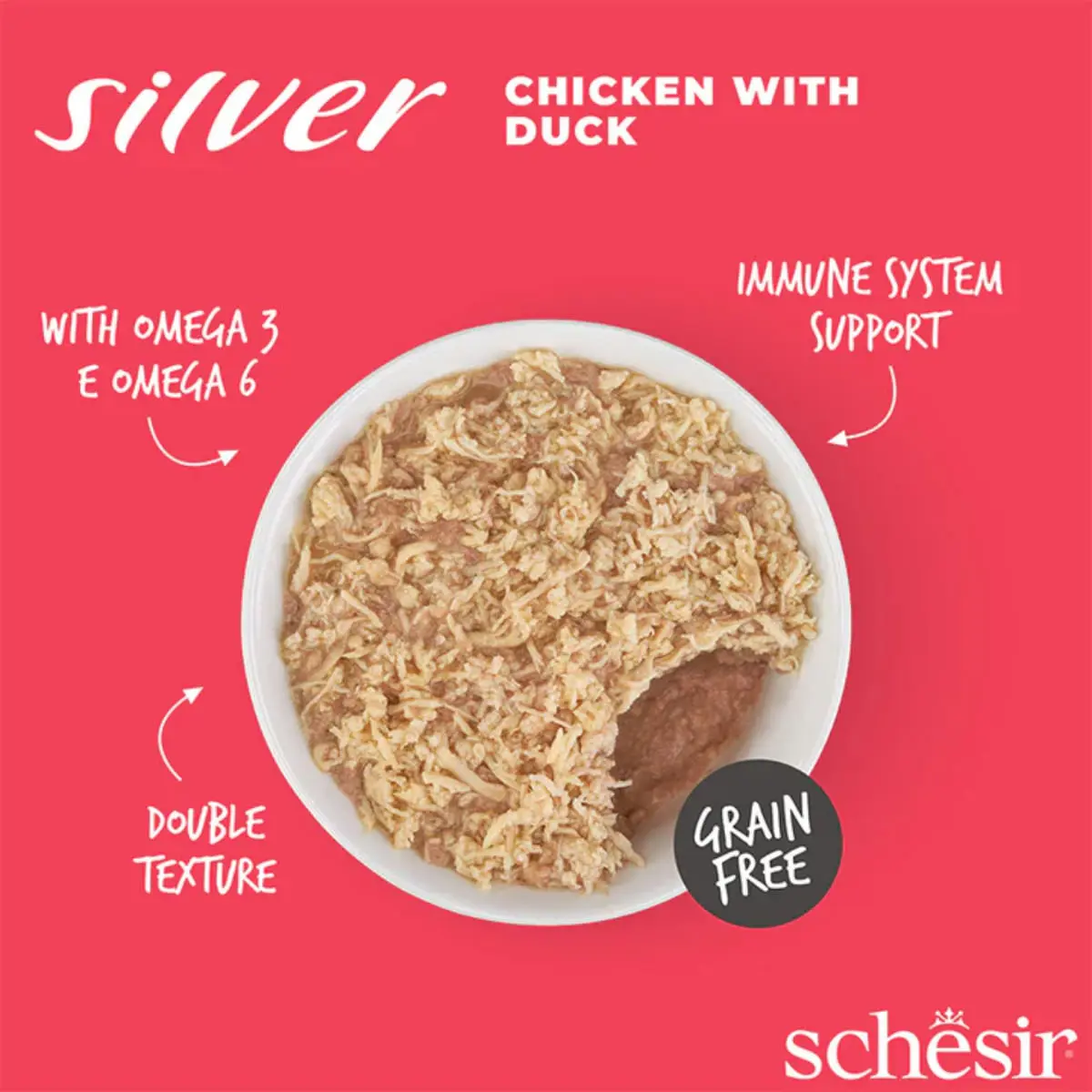 SCHESIR Silver Mousse & Fillet, Pui si Rata, conserva hrana umeda fara cereale pisici senior, (mousse), 70g - Image 6