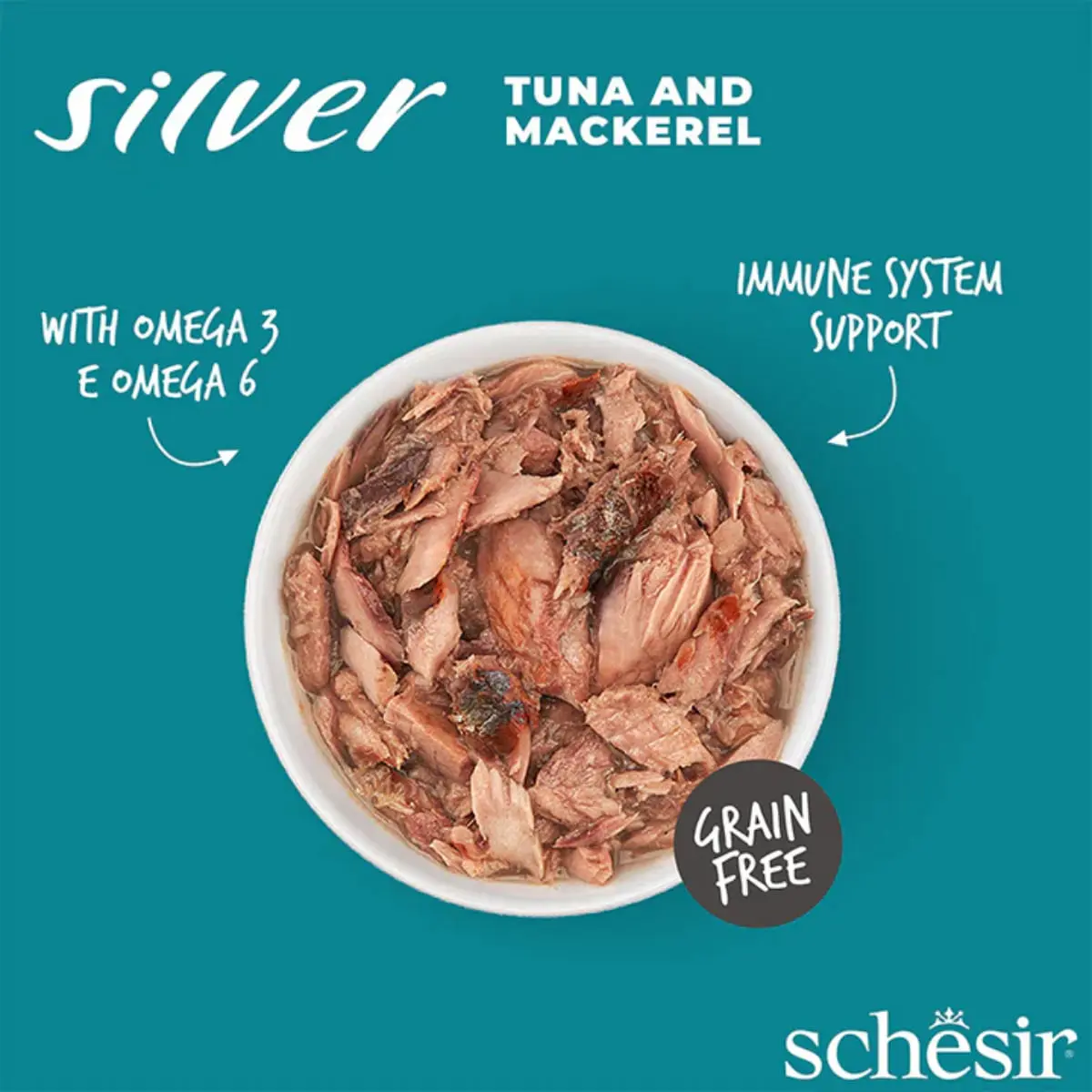 SCHESIR Silver, Ton si Macrou, conserva hrana umeda fara cereale pisici senior, (in supa), 70g - Image 6