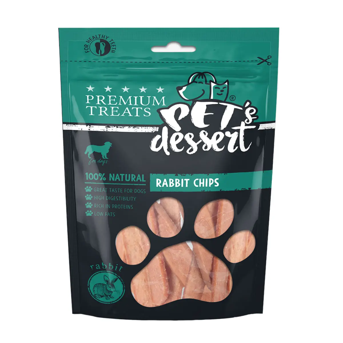 PET'S DESSERT Chips, XS-XL, Iepure, punguta recompense fara cereale caini, 80g