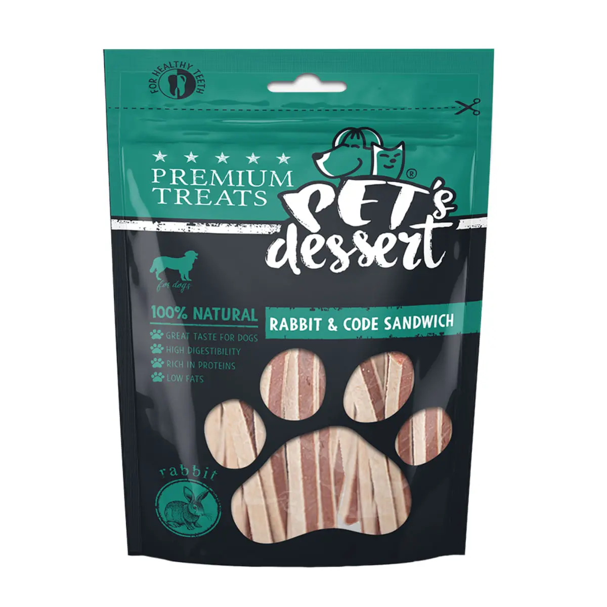 PET'S DESSERT Sandwich, XS-XL, Iepure si Cod, punguta recompense fara cereale caini, 80g